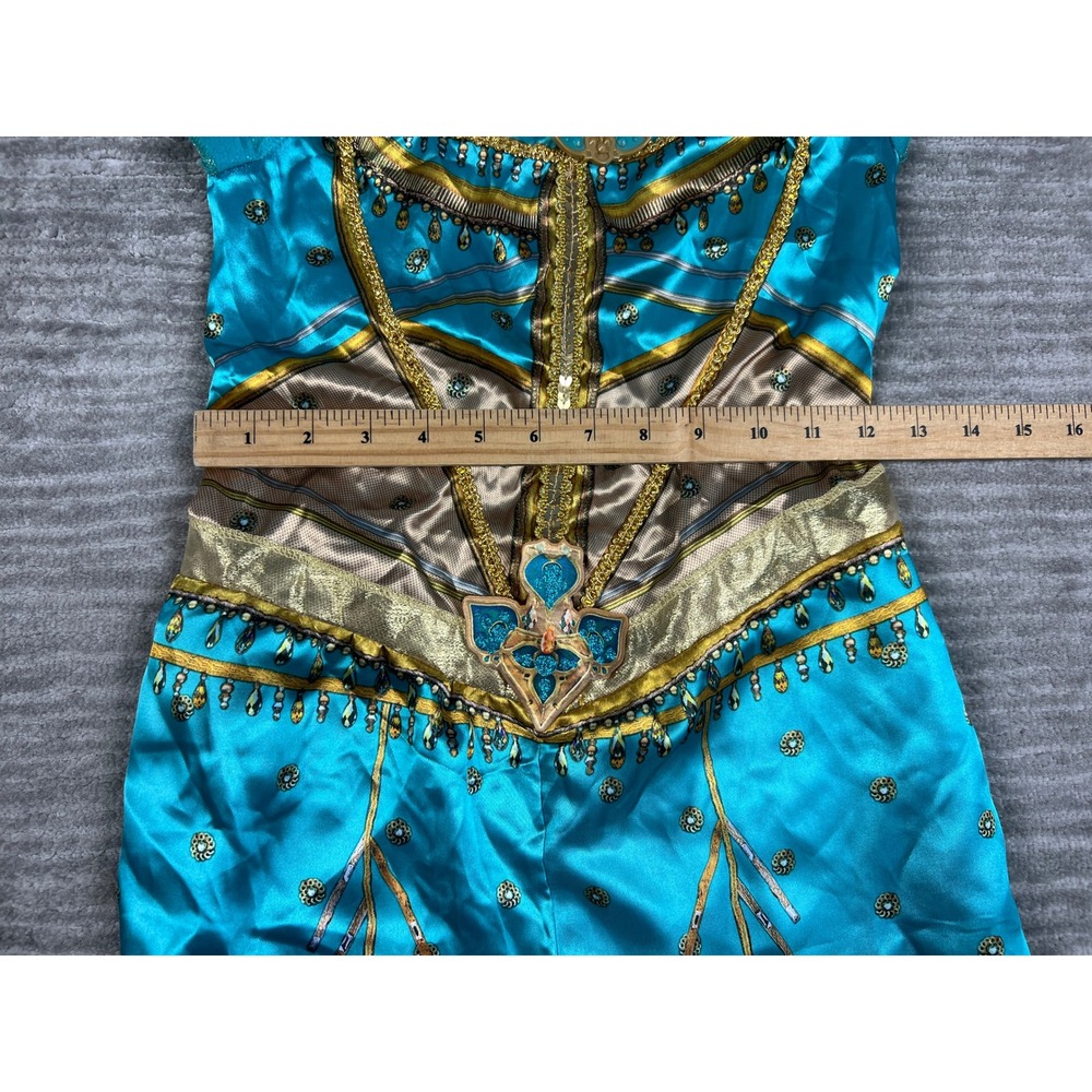 Disney Costume Girls M 8-10 Teal Aladdin Jasmine Peacock Jumpsuit Cape 2pc Set - Picture 3 of 12